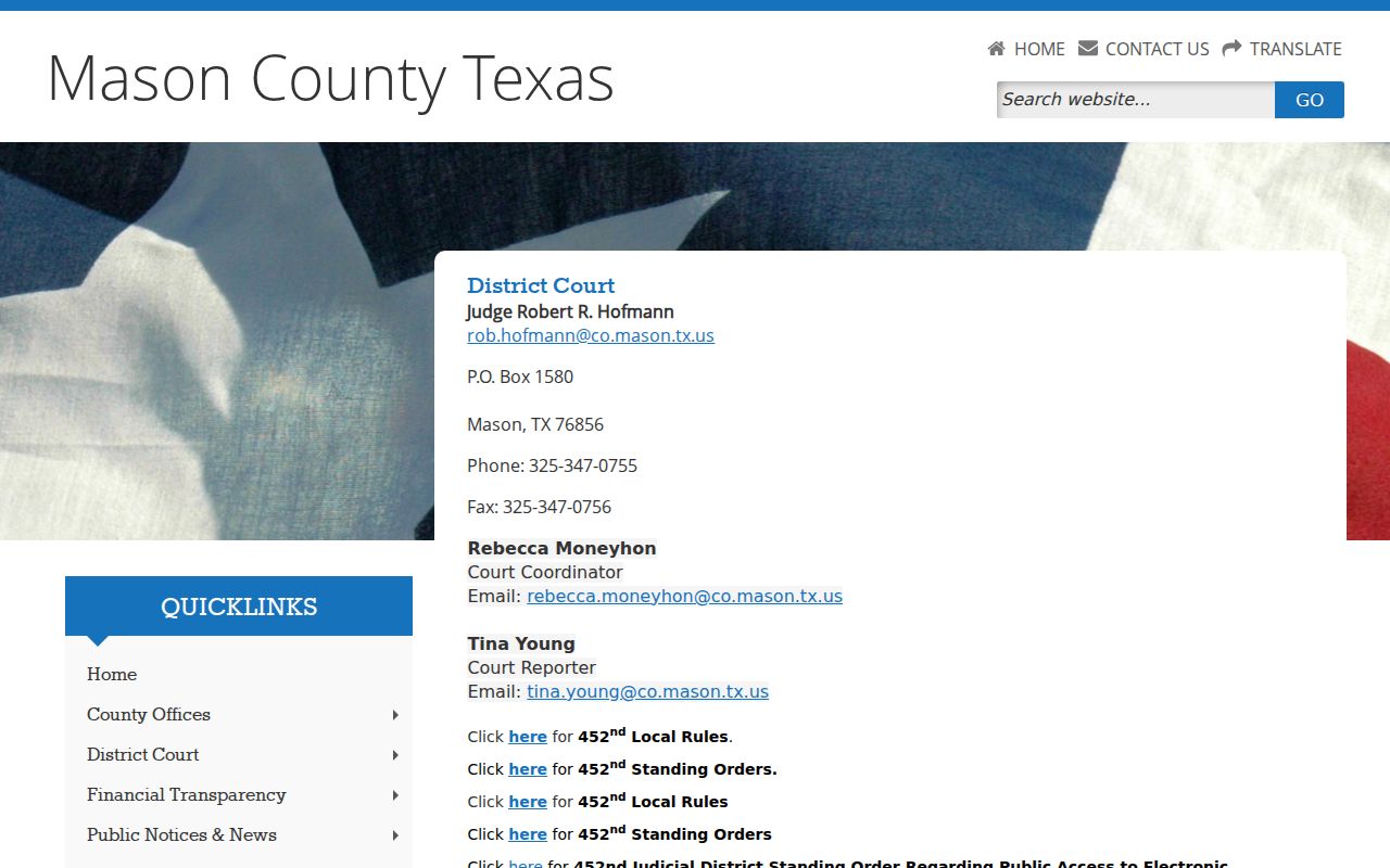 Mason County warrant records and 452nd District Court information