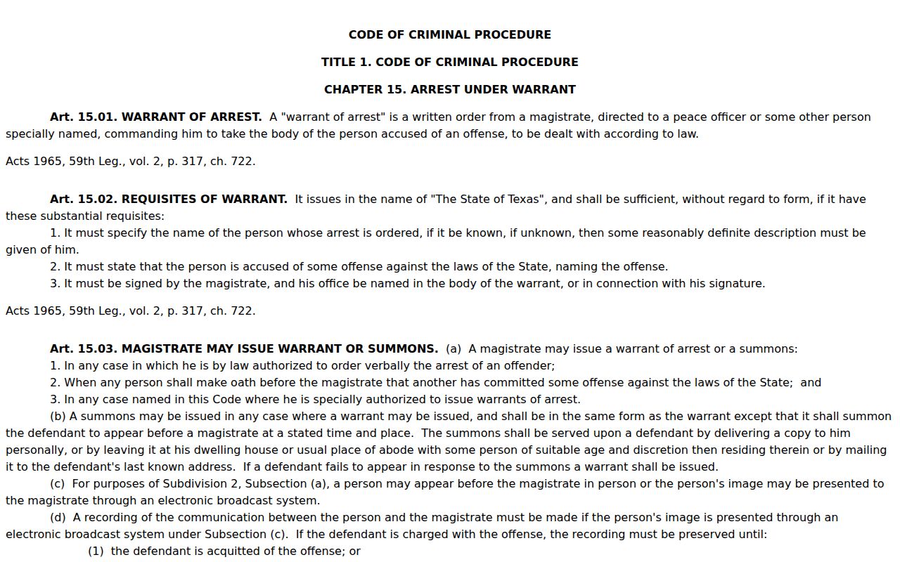 Mason County arrest warrant records and Texas Code of Criminal Procedure Chapter 15