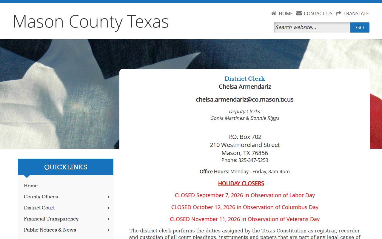 Mason County warrant records District Clerk contact and criminal docket page